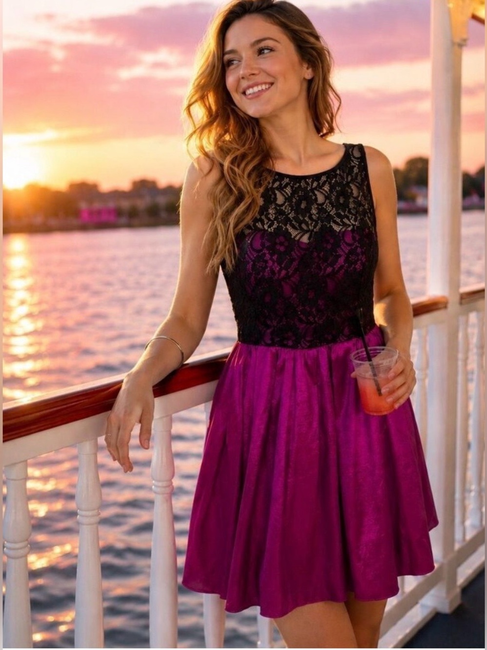 Aidan by Aidan Mattox Sleeveless Fit Flare Black Lace Mini Dress Fuschia Pink 4